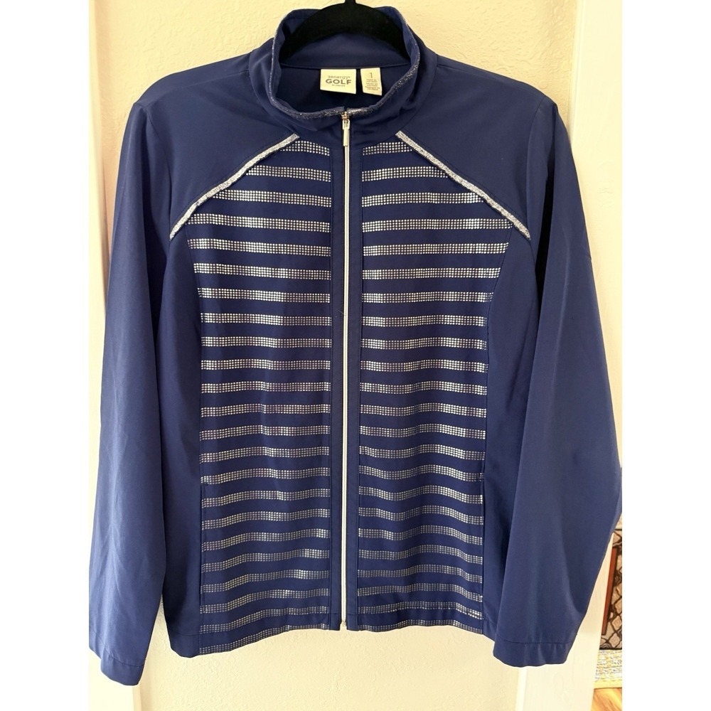 Chico's Navy Silver Stripe‎ Lightweight Jacket | Silver Zip | Lined | Size 1